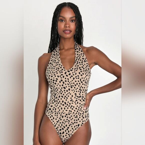 Lulu's Wild Favorite Tan Animal Print Halter Neck Bodysuit - Picture 4 of 5